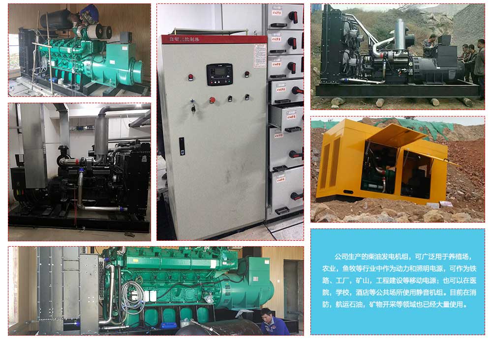        公司生產(chǎn)的柴油發(fā)電機(jī)組，可廣泛用于養(yǎng)殖場(chǎng)，農(nóng)業(yè)，魚(yú)牧等行業(yè)中作為動(dòng)力和照明電源，可作為鐵路、工廠，礦山，工程建設(shè)等移動(dòng)電源；也可以在醫(yī)院，學(xué)校，酒店等公共場(chǎng)所使用靜音機(jī)組。目前在消防，航運(yùn)石油，礦物開(kāi)采等領(lǐng)域也已經(jīng)大量使用。